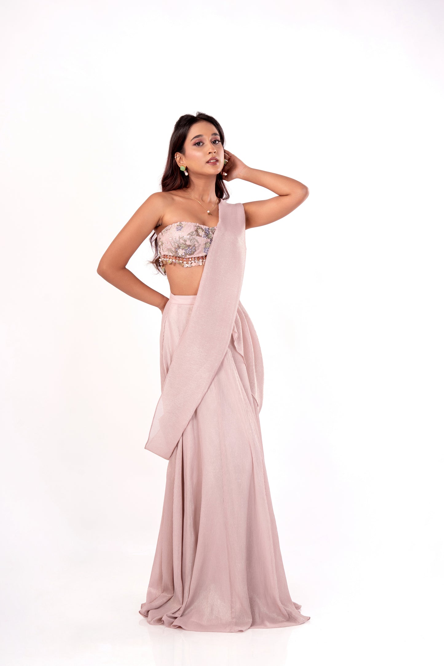 Pre-draped Pastel Pink Saree.