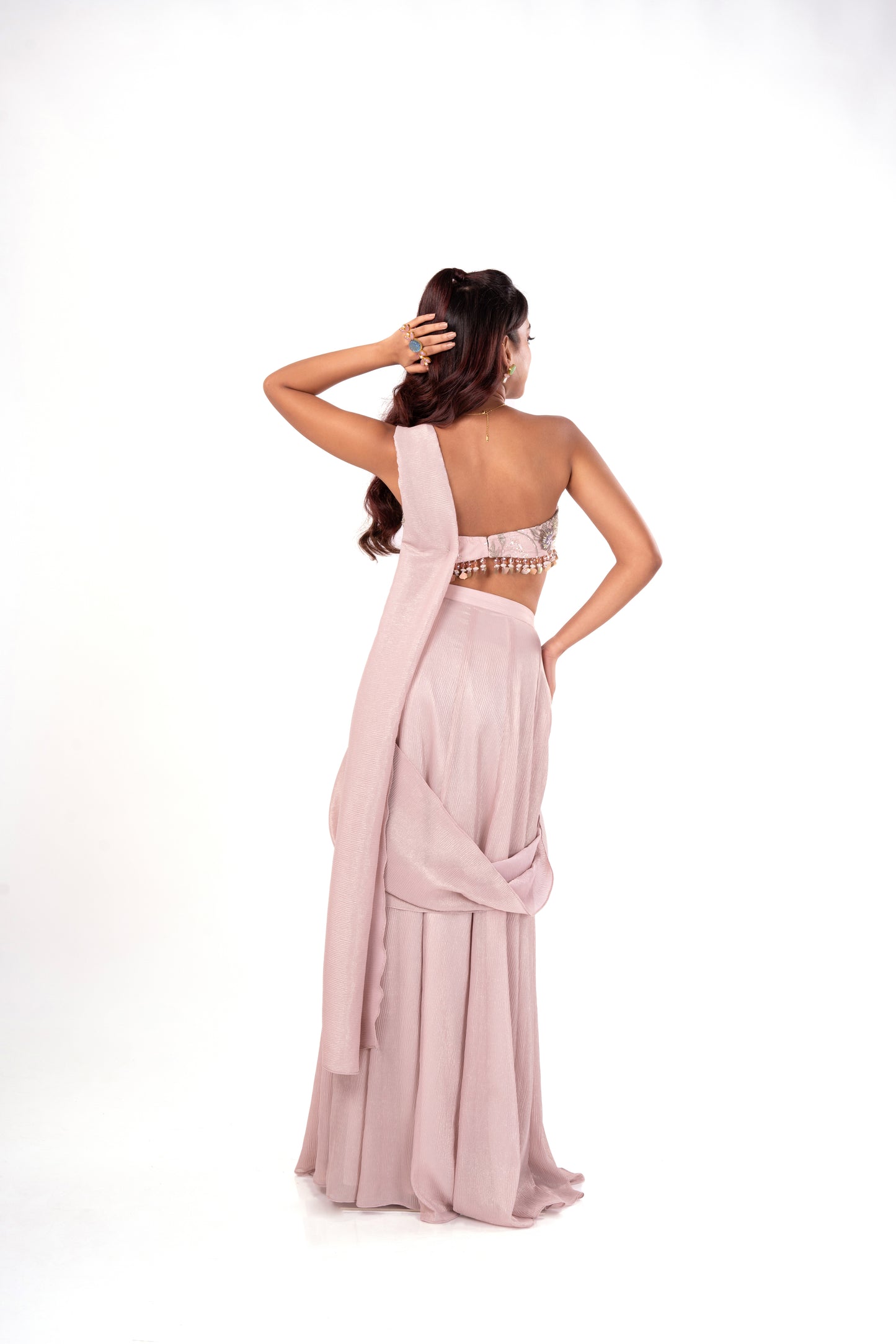 Pre-draped Pastel Pink Saree.