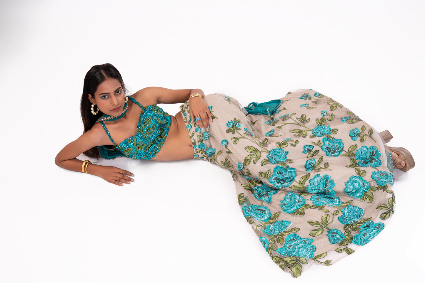 Floral Peacock Blue Lehenga