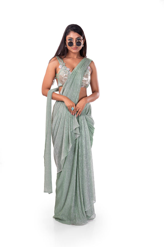 Pastel Sea Green Pre-Draped Saree