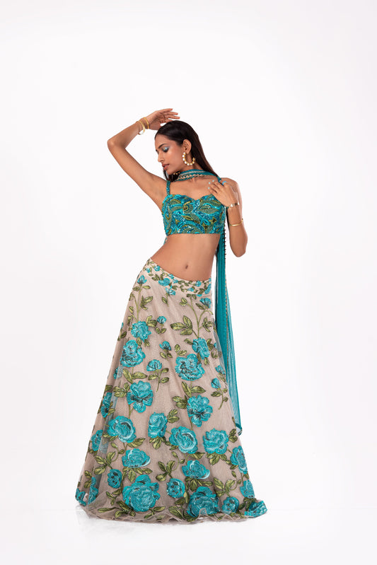 Floral Peacock Blue Lehenga
