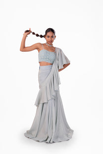 Pastel Blue Ruffle Lehenga Saree