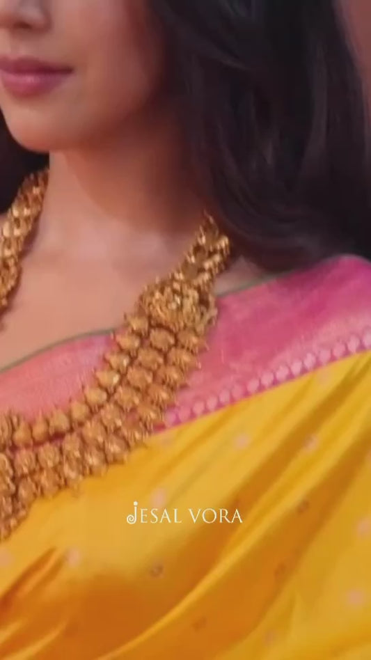 Yellow and Rani Pink Banarasi silk Saree